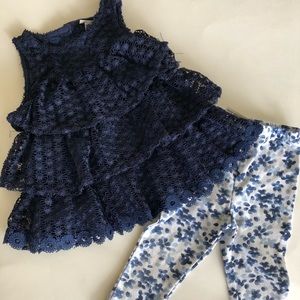 Navy Lace Top and Flowery Leggings Set - 12 Month